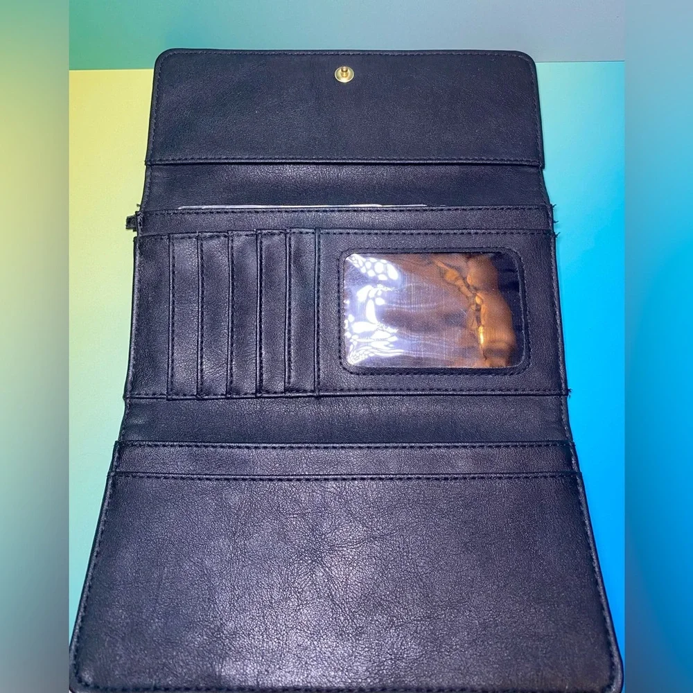 Liz Claiborne LC Black Leather Coin/Card Trifold‎ Wallet Snap Closure Check Book